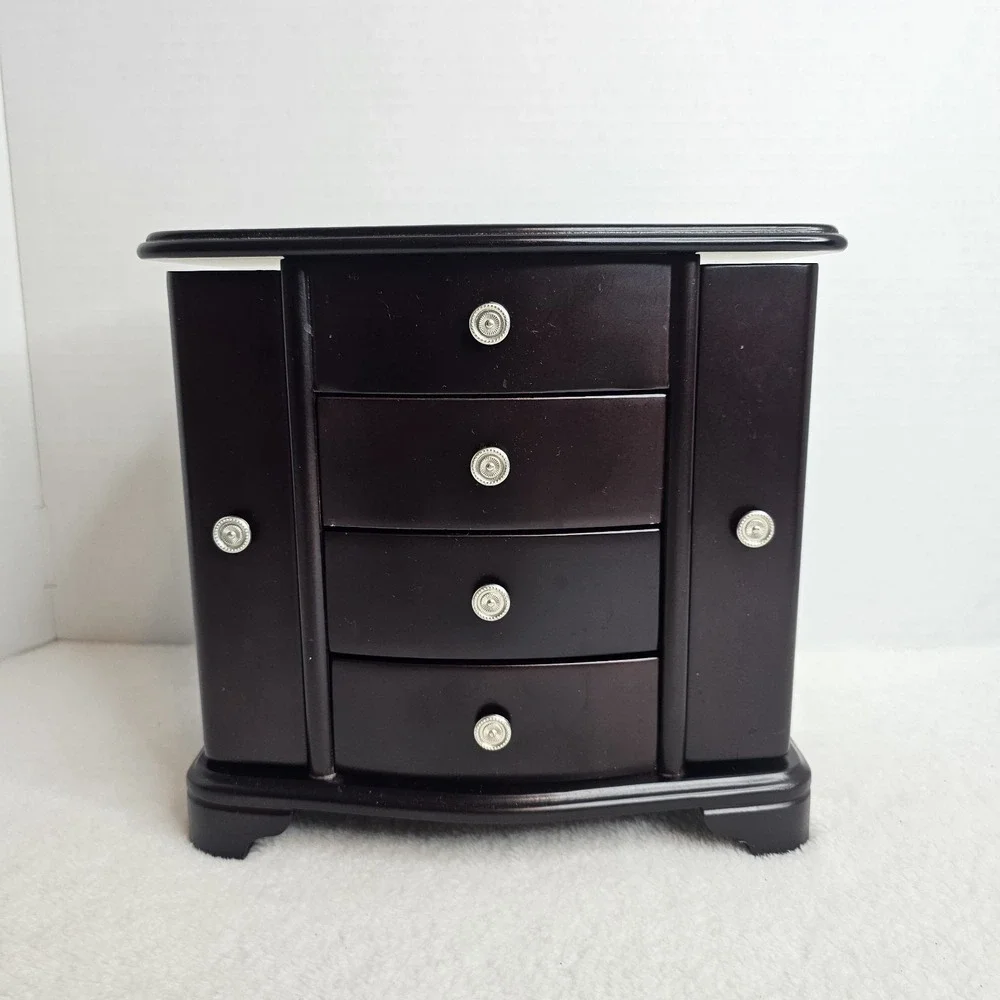 Brown Wooden Jewelry Box with Mirror, Velvet Lining, Drawers, Hooks for Jewelry